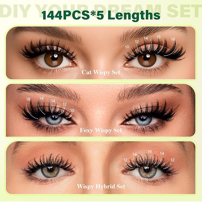 KEYYOU LASH Flaunt Lash Clusters Kit Flora D Curl Natural Lashes 144pcs Lash Extension Kit 8-18mix Lash Clusters Fluffy Lashes with Ultra-Thin Soft Band with Remover Waterproof Bond and Seal(F01 Kit)