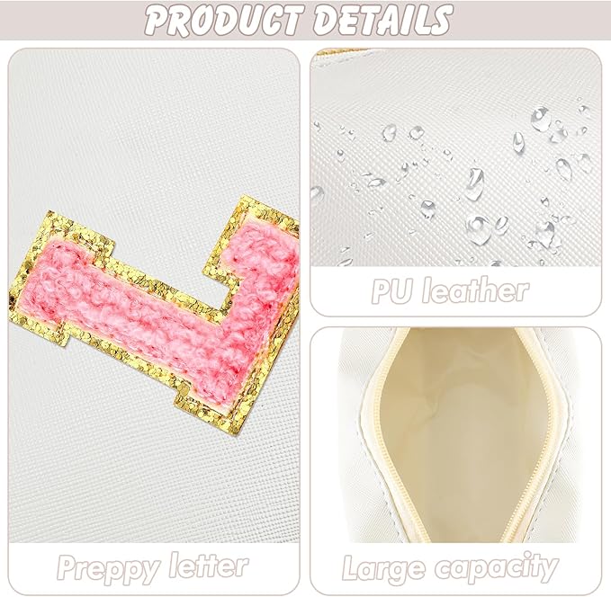 URSKYTOUS Initial Makeup Bag Personalized Preppy Travel Small Cosmetic Bag Cute PU White Chenille Letter Makeup Pouch for Purse Waterproof Zippered Toiletry Organizer for Women Girls Kids Friends (L)