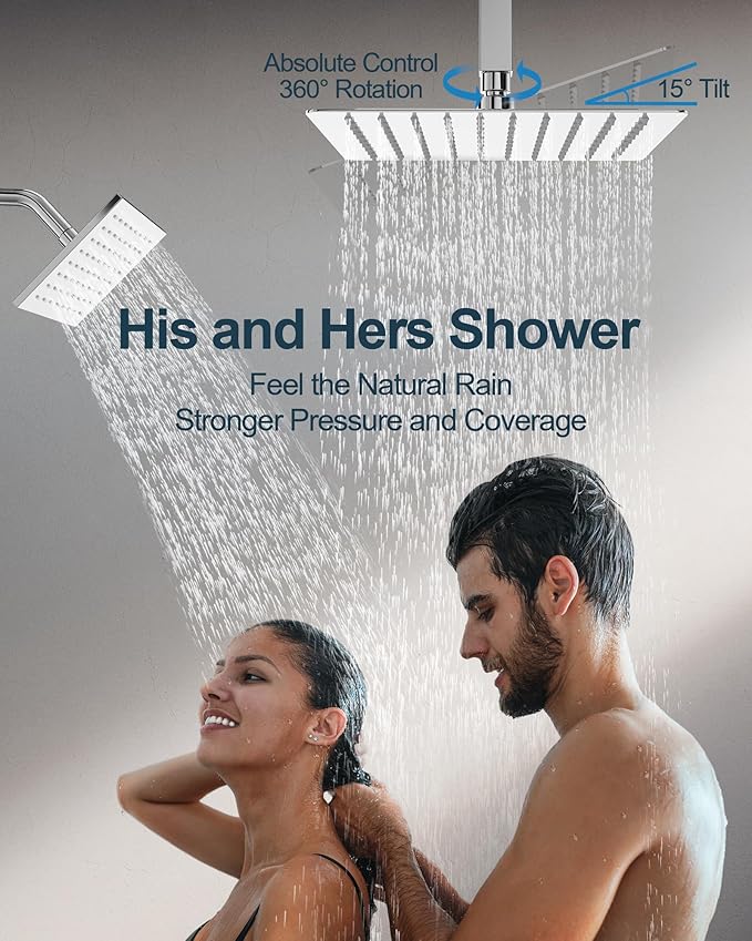 GRANDJOY Thermostatic Shower System, Dual Rainfall Shower Heads for Ceilling & Wall Mounted with Handheld Sprayer, Chrome
