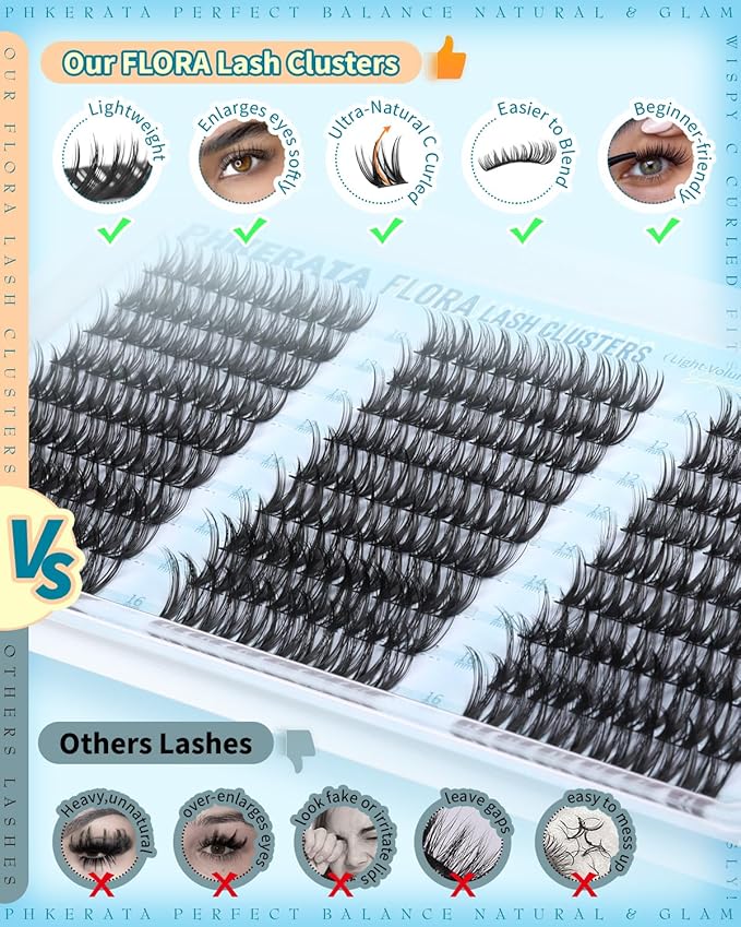 Flora Lash Clusters Wispy Eyelash Clusters 162pcs Natural Cluster Eyelash Extensions Ultra-thin Band Cluster Lashes C Curve Lash Extension DIY Soft Individual Lashes, 10-16mm