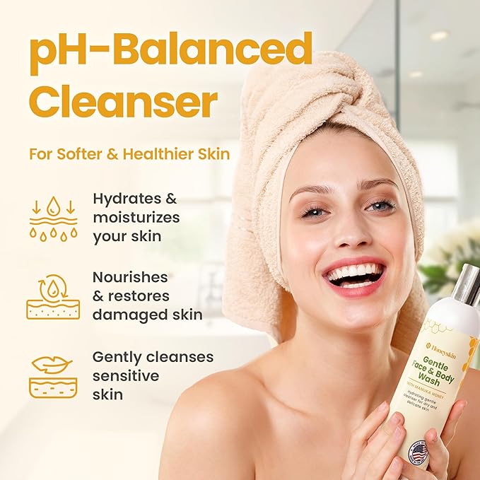 Honeyskin Face and Body Wash for Women and Men - Acne Body Wash Moisturizing for Sensitive Skin - Hydrating Facial Cleanser - Gentle Exfoliation – Sulfate-Free (8oz)