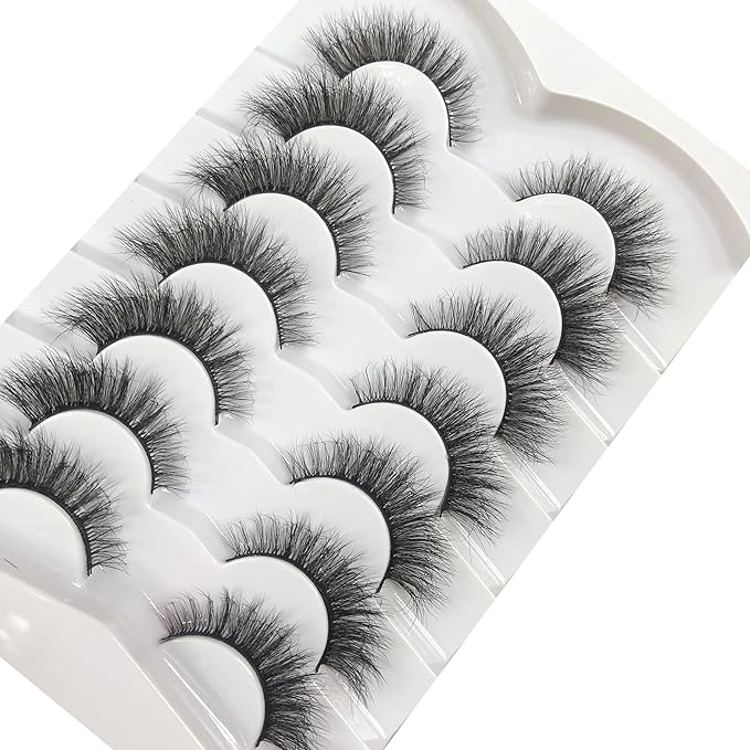 Pooplunch False Eyelashes Natural Cat Eye Look Wispy Volume Faux Mink Lashes 7 Pairs Pack 8D Soft Curly Fluttery Short Fake Eyelash Strips for Daily Use