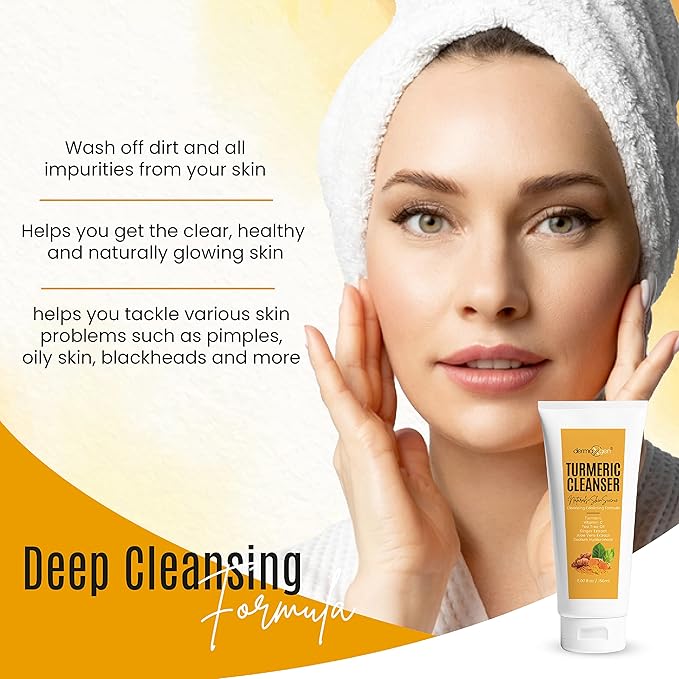 DERMAXGEN Turmeric Facial Cleanser – Natural Anti-Aging Exfoliating Turmeric Face Wash for Glowing Skin – Helps Clear Acne Scars, Dark Spots, Sun Damage & Discoloration – 5 oz