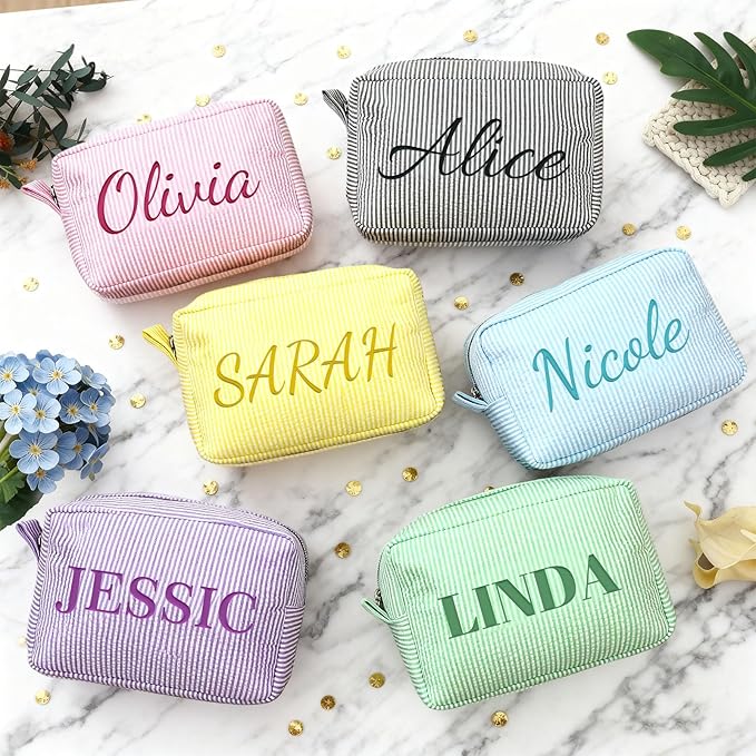 SYSTUTY Personalized Makeup Bag with Embroidered Name,Custom Travel Toiletry Stripe Cosmetic Bag, Wedding Gift for Bridesmaid/Women/Girl
