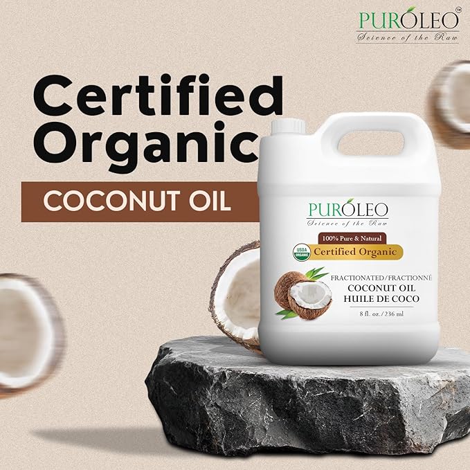 PUROLEO Organic Certified USDA Fractionated Coconut Oil 32 Fl Oz/946 ML (Packed in Canada) – 100% Natural & Odorless Moisturizer & Carrier Oil for Hair, Skin, Body, Massage, Makeup Removal
