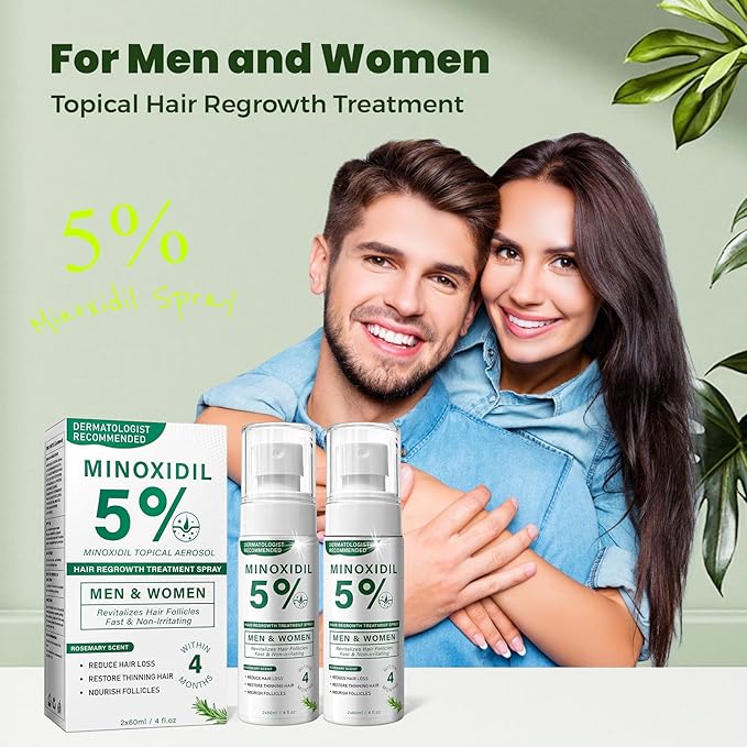 5% Minoxidil Hair Regrowth Spray for Men and Women with Rosemary Scent – 2 x 60ml Value Pack for 4+ Months – Lightweight Non Greasy Mist for Thinning Hair Receding Hairline Crown Support (Rosemary)