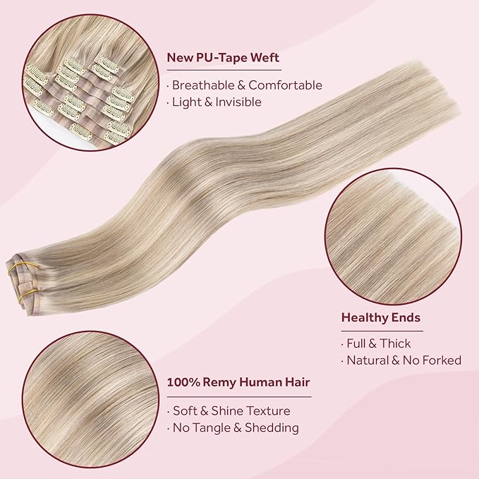 Clip in Hair Extensions Real Human Hair Seamless Clip Ins 100% Remy Hair Extensions PU Skin Weft Add Volume Ash Blonde Highlights Thick&Invisible #P18/613 18Inch 120G 8PCS