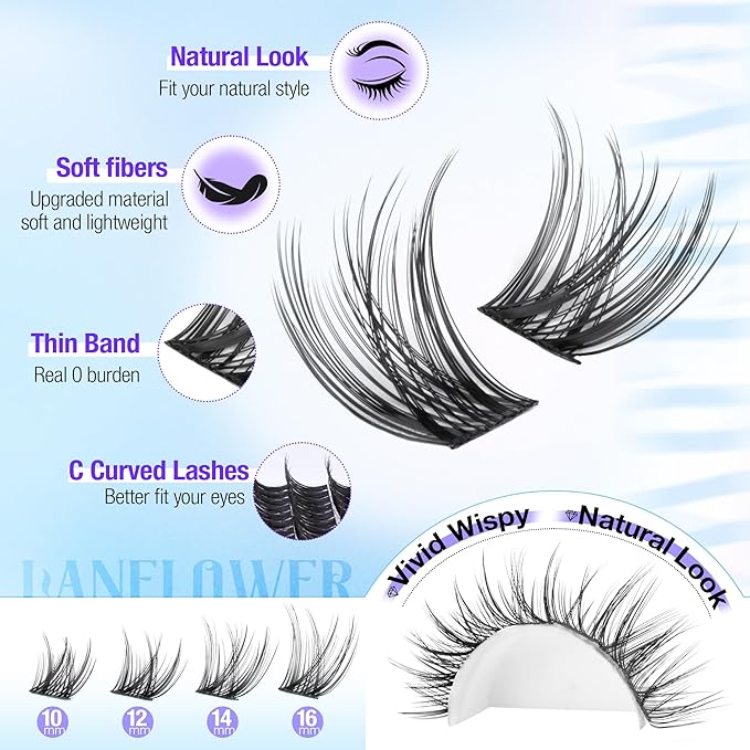 Natural Lash Clusters Kit Wispy Lash Extension Kit 10-16mm Eyelash Clusters C Curved Cluster Eyelash Extensions Long-lasting Eyelash Extension Kit with Lash Bond and Seal, Lash Remover by Lanflower