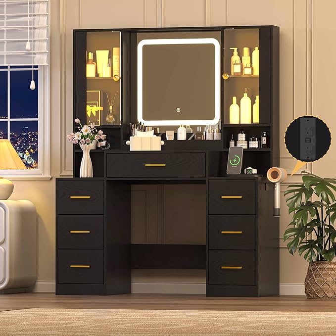 Black Makeup Vanity Desk with Mirror & Lights, Modern Vanity Table with Charging Station, 7 Drawers, Glass Cabinet, Adjustable Shelves, Bedroom Dressing Table Set for Women & Girls