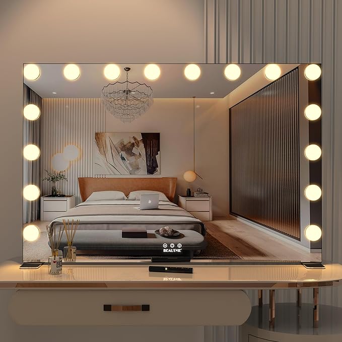 BEAUTME Large Vanity Mirror with Lights, 35.9''×24.3'' Hollywood Makeup Mirror with 16 Dimming LED Bulbs, 3 Lighting Modes, Touch Control, Tabletop or Wall Mounted, Black