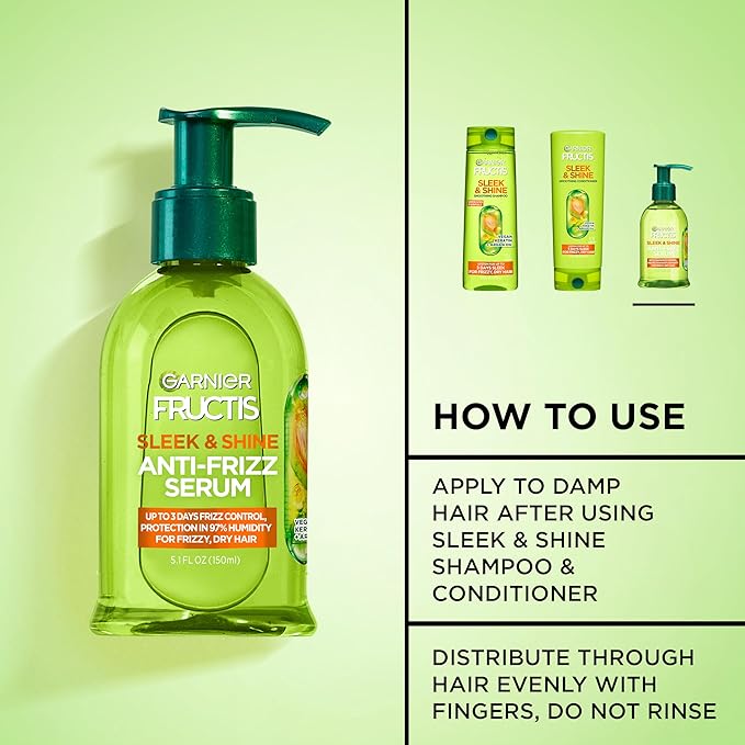 Garnier Fructis Sleek & Shine Anti-Frizz Serum for Frizzy, Dry Hair, Argan Oil, 5.1 Fl Oz, 1 Count (Packaging May Vary)
