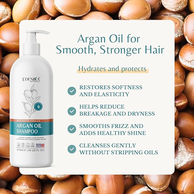 Edenika Botanicals Moroccan Argan Oil Shampoo with Biotin | Repairs Treated, Dry & Damaged Hair, Deeply Hydrating & Nourishing, Paraben & Sulfate Free, Men & Women (16 fl oz Each)