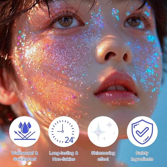 Roll-on Holographic Body Glitter Gel for Face and Hair, Chameleon Color Changing Glitter Gel Under Light, Chunky Mermaid Sequins Shimmer Makeup for Halloween Party Rave Accessories (Sparkling Pink)