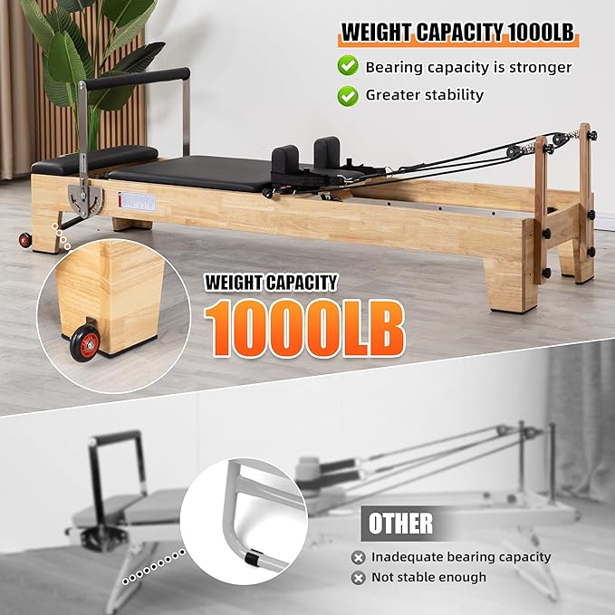 Pilates Reformer Machine, Wood Pilates Machine Bed Yoga Exercise Strength Training Equipment for Home Workout