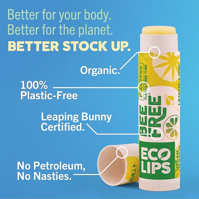 Vegan Lip Balm Sweet Mint by Eco Lips flavor 3 Pack Natural Bee Free with Candelilla Wax, Organic Cocoa Butter, & Coconut Oil Lip Care. 100% Plastic-Free Plant Pod Packaging - Made in USA