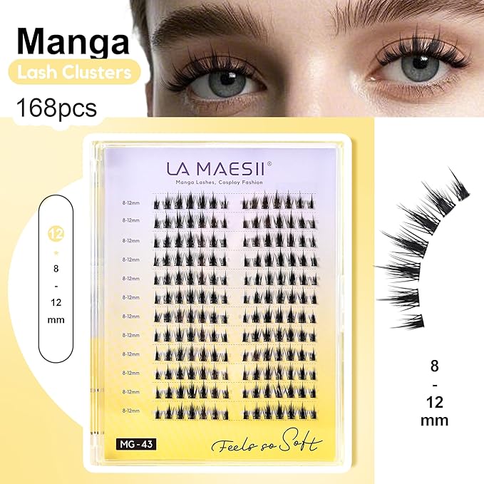 168Pcs Lash Clusters, Natural Manga Eyelash Clusters, C Curl 10-14mm Individual Lashes Eyelash Extension,Large Tray(PL43)