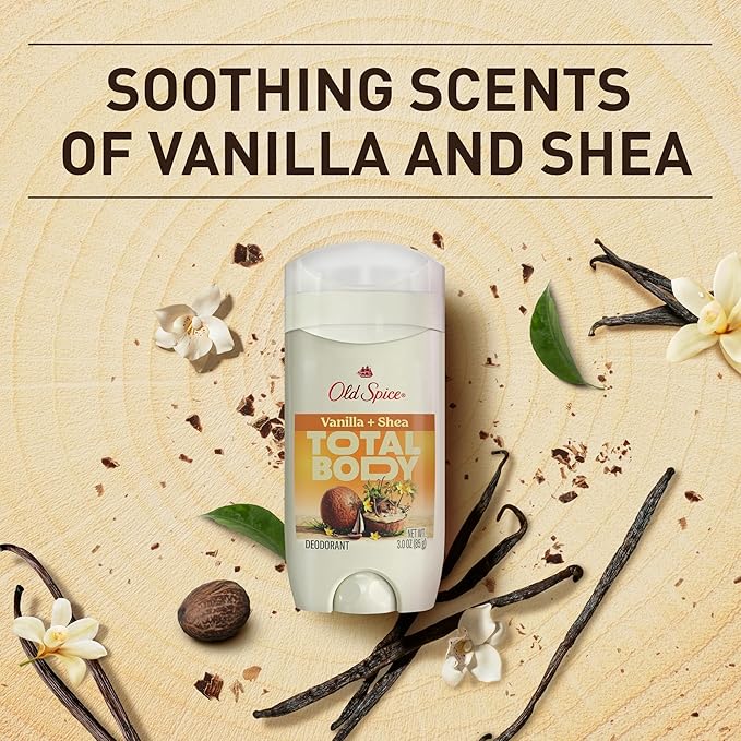 Old Spice Whole Body Deodorant Stick for Men, Aluminum Free, Vanilla + Shea Scent, 24/7 Odor Protection, 24/7 Lasting Freshness, Dermatologist Tested, Gentle on Skin, Safe to Use All Over, 3.0 oz