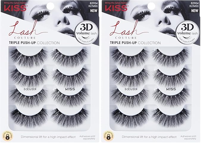 KISS Lash Couture Triple Push Up Collection Multipack, 3D Volume False Eyelashes with Triple Design Technology, Multi-Angles & Lengths, Reusable, Style 'Babydoll', 4 Pairs Fake Eyelashes (Pack of 2)