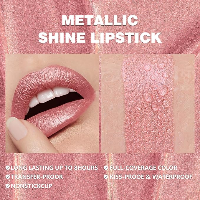 ilembane Nude Pink Metallic Liquid Lipstick – Long Wear Waterproof Lip Gloss with High Pigment, Smudge-Proof, Non-Sticky, Lightweight Lip Makeup for Party, Stage & Daily Wear (Glow Time)