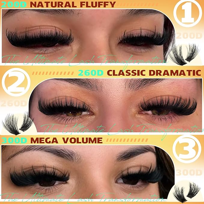 Fluffy Lash Clusters Kit 200D+260D+300D Eyelash Clusters Spikes Lash Extension Kit Thick Eyelash Extension Kit D-Curly Cluster Eyelash Extensions 12-20MM Mink Individual Lashes Cluster by TNFVLONEINS