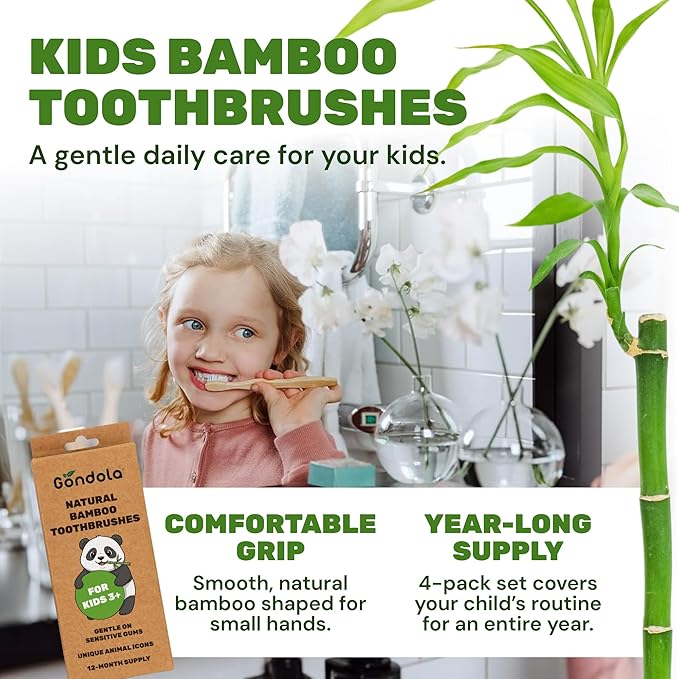 Gondola Kids Bamboo Toothbrush - 4 Pack Soft Bristles Toothbrush with Smooth Water-Resistant Bamboo Handle for Small Hands - Manual Toothbrushes for Boys & Girls - Travel & Home Bathroom Set