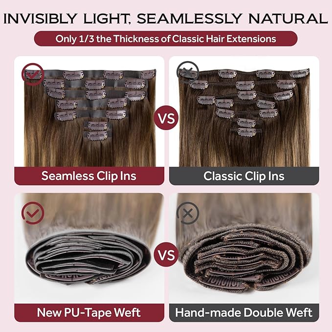 Clip in Hair Extensions Real Human Hair Chocolate Brown Seamless Clip In 100% Straight Remy Hair Extensions PU Skin Weft Add Volume for Women #4A 22Inch 120G 8PCS