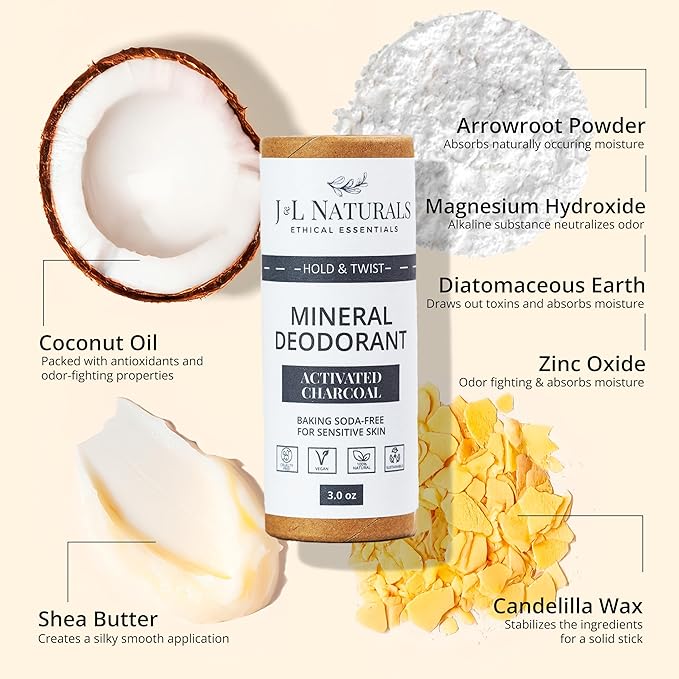 J&L Naturals Mineral Deodorant | Baking Soda-Free, 100% Natural, Sustainable Skin Care | Sensitive Deodorant For Women & Men | Aluminum Free, Vegan, Cruelty-Free (Activated Charcoal, 3 Oz (Pack of 2))