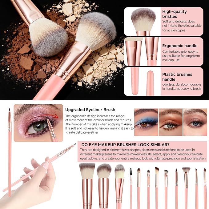 CLRDZN 70Pcs Makeup Brushes Set, Pink Professional Makeup Brush Set Multi-functional Makeup Brush Kit, Eye and Face Makeup Brushes & Tools, Premium Synthetic Facial Makeup Accessories