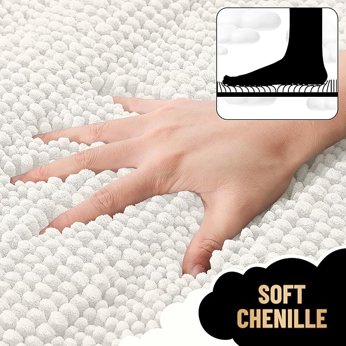 OLANLY Thick Bathroom Rugs 36x24, Extra Soft Absorbent Chenille Striped Bath Rugs, Rubber Backing, Machine Wash Dry, Bath Mats for Bathroom Floor, Tub and Shower, Home Decor Accessories, Ivory