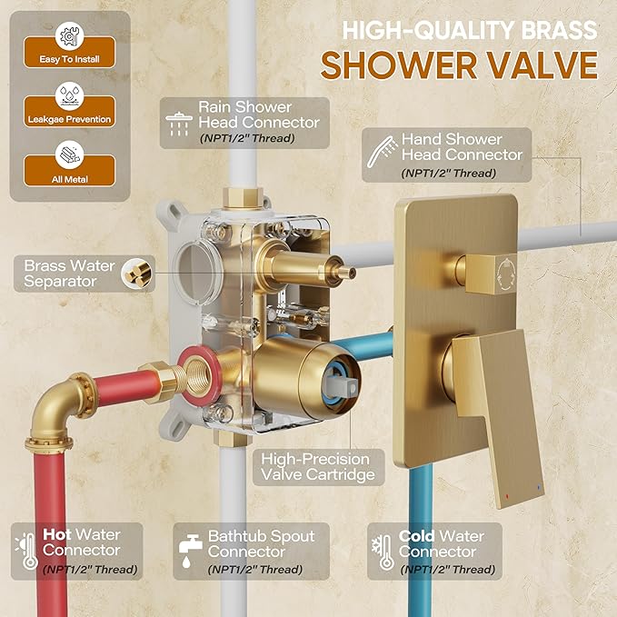 HoliSpa Gold Tub Shower System, All Metal Tub Shower Faucet Set with 12" Rain Shower Head and Handheld Spray combo, Wall Mounted Shower Systems with Tub Spout, Valve and Trim Kit, Brushed Gold