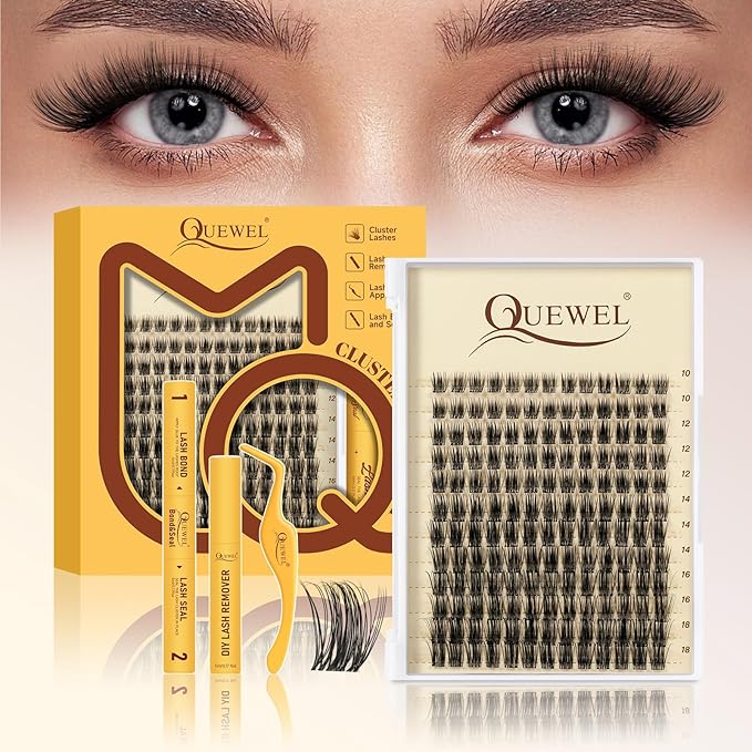 QUEWEL Lash Clusters Kit,156pcs Natural Lash Clusters Kit Mix10-18mm Clear Band Cluster Eyelash Extensions Kit With Lashes Bond and Seal, Lash Tweezers and Remover for DIY Natural Lashes(Elf 01 4 Set)