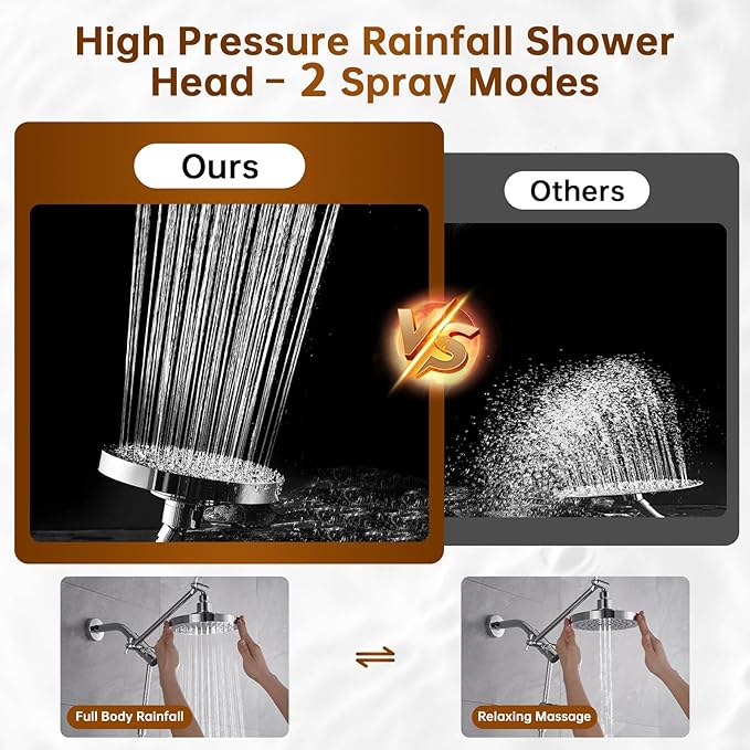 BRIGHT SHOWERS Rain Shower Head with Handheld Spray Built-in Power Wash, High Pressure Dual Shower Head with Height Adjustable Extension Arm, 3-Way Diverter, 9 Settings Handheld, 69” Long Hose, Chrome