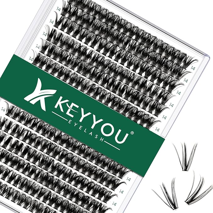 Lash Clusters 300pcs Individual Lashes 50D 0.07D Curl 14mm DIY Eyelash Extension KEYYOU Large Tray Volume Soft&Natural Cluster Lashes(50D-0.07D,14）