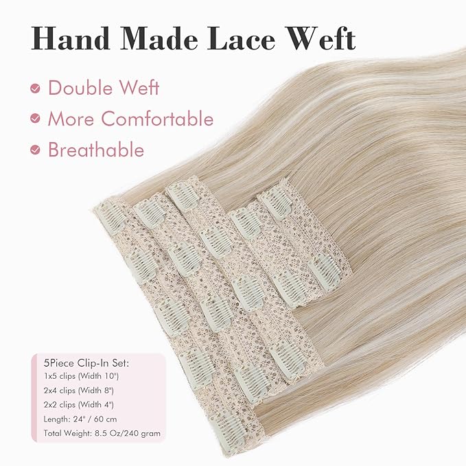 REECHO Clip in Hair Extensions, Hair Extensions Thick Long Lace Weft Lightweight Synthetic Hairpieces for Women 24 Inch-240 Gram(Pack of 5), Ash Blonde with Highlights