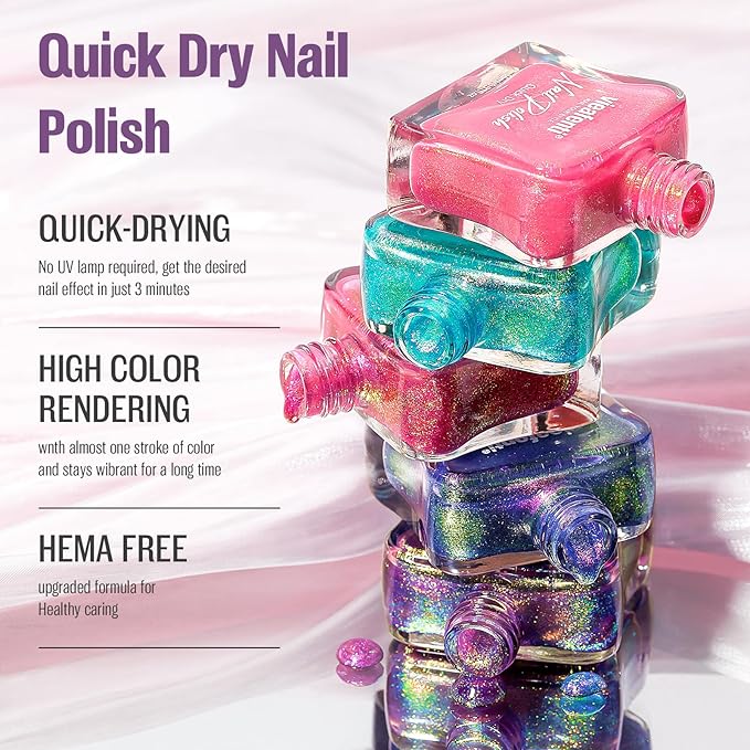 Glitter Nail Polish Blue Purple 15ml, Quick Drying Nail Polish Shimmer Glossy Regular Long-Lasting Air Dry Oil-Base Aurora Nail Art DIY for Ladies