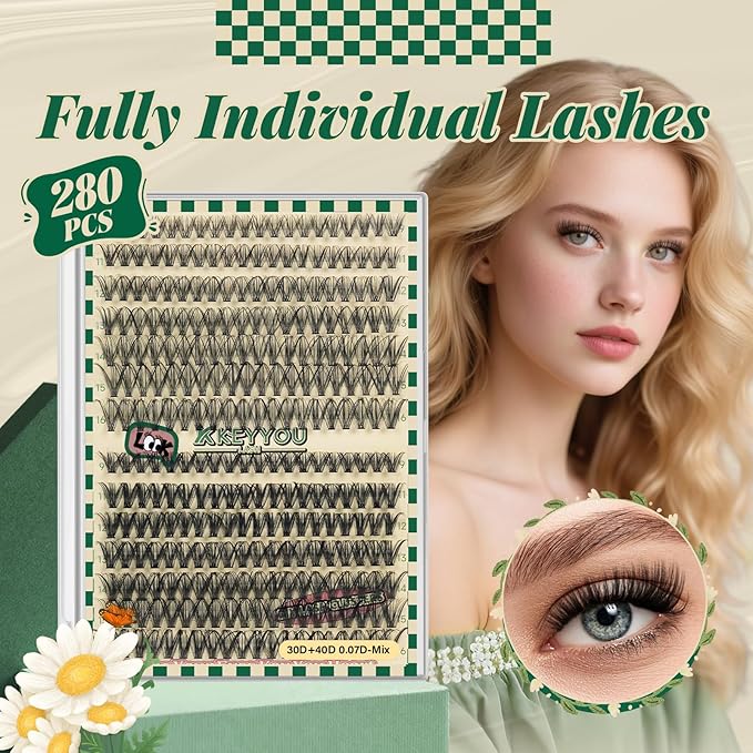 KEYYOU Lash Clusters Individual Lashes 280pcs D Curl Eyelash Extension for DIY at Home(30D40D-0.07D-9-16MIX)