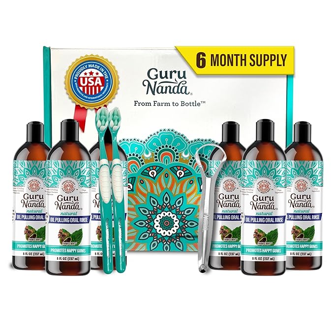 GuruNanda CocoMint Oil Pulling Mouthwash for Complete Oral Hygiene, 7 Essential Oils & Vitamins for Happy Teeth & Gums & Fresh Breath, with 2 Toothbrushes & Tongue Scraper, Alcohol-Free, 6X8 oz