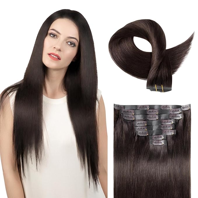 Clip in Hair Extensions Real Human Hair Dark Brown Seamless Clip In 100% Remy Hair Extensions PU Skin Weft Add Volume Thick&Invisible #2 22Inch 120G 8PCS
