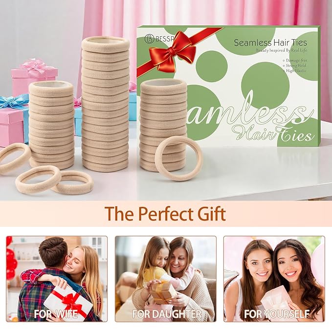 Bessrung 100 PCS Seamless Nylon Hair Ties, No Damage Elastics Hair Ties for Women Girls, Soft Stretchy Ponytail Holders for Thin Thick Hair, Snag-Free Hair Bands Valentine's Day Gift(Beige Color)