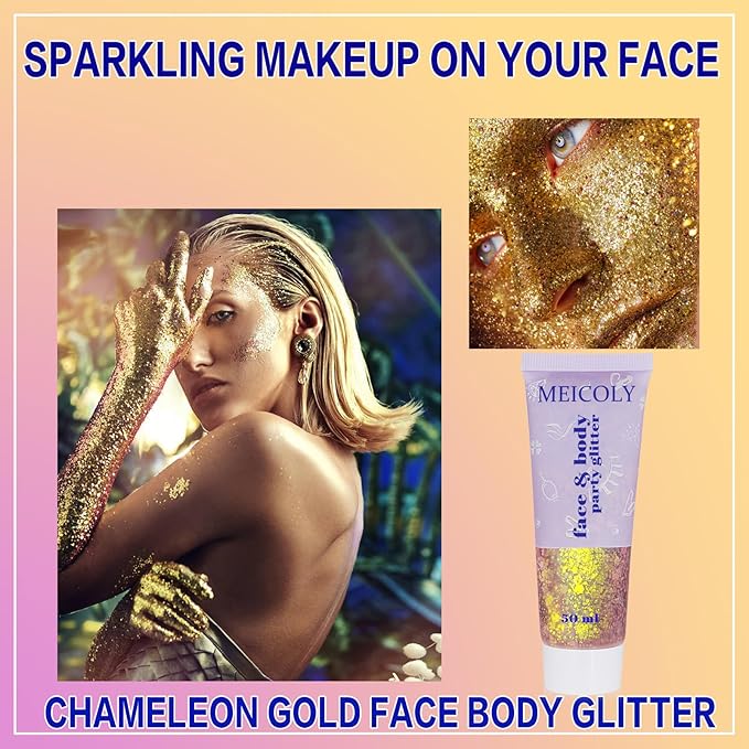 MEICOLY Chameleon Gold Body Glitter,Mardi Gras Outfit for Women,Color Changing Face Glitter,Self-adhesive Chunky Glitter Face Paint,Holographic Glitter for Face Body Hair,Festival Party Costume Makeup