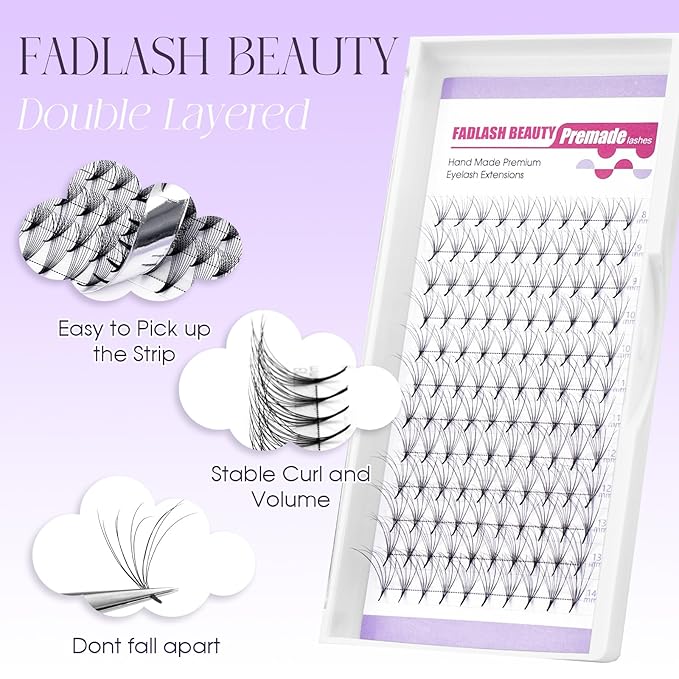 Premade Fans Eyelash Extensions Double Layers 0.07 D Curl Volume Pre Made Lash Fans 5D Thickness Fluffy Premade Easy Fan Lashes (5D-0.07D-8-14mm)