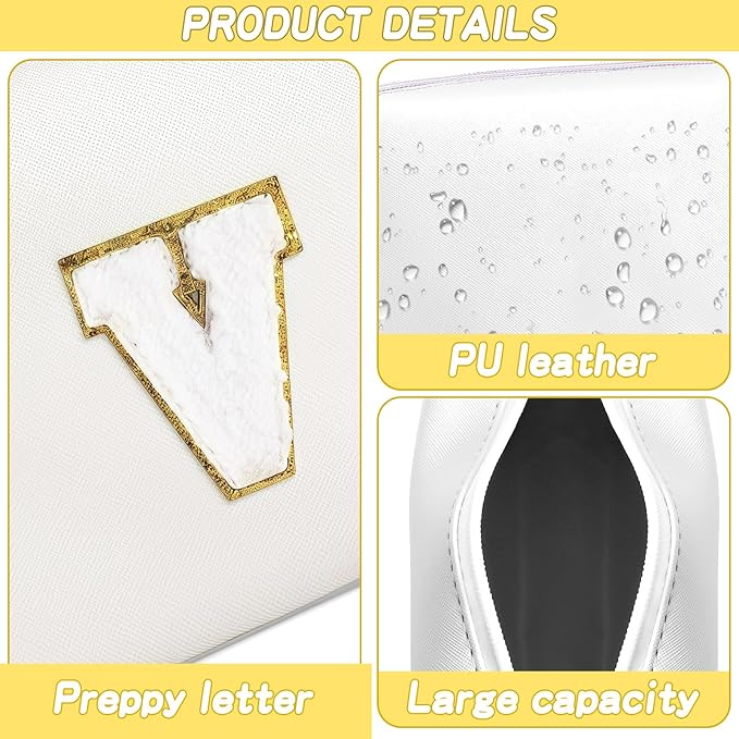 URSKYTOUS Gifts for Girls Initial Makeup Bag Personalized Cosmetic Bag with Zipper Cute Travel Toiletry Bags Waterproof PU Preppy Makeup Pouch Birthday Gift for Teen Girls Women(White V)