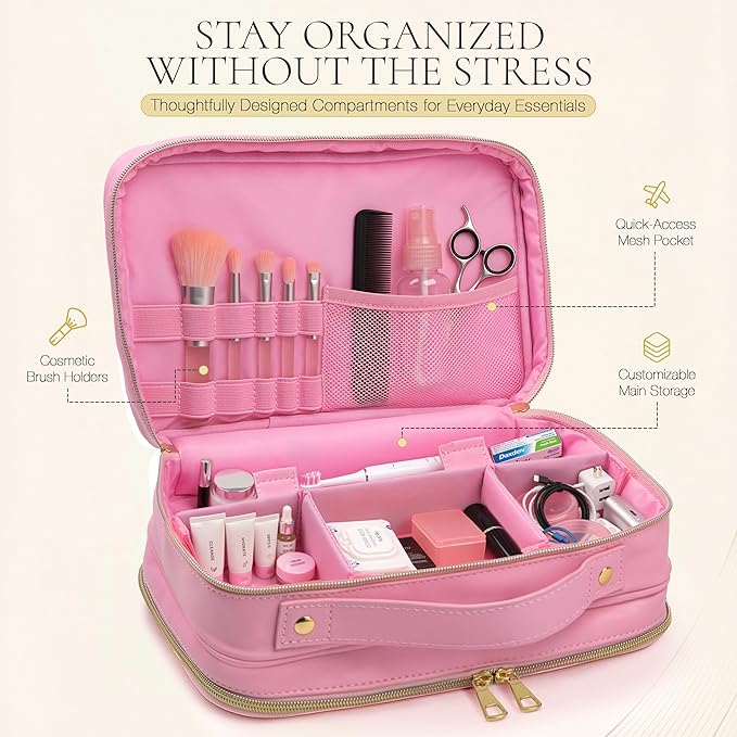 OPEAL Women’s Travel Makeup Organizer – Waterproof Modular Cosmetic Case with Compartments, Elegant Toiletry Bag for Carry-On & Daily Essentials, Pink