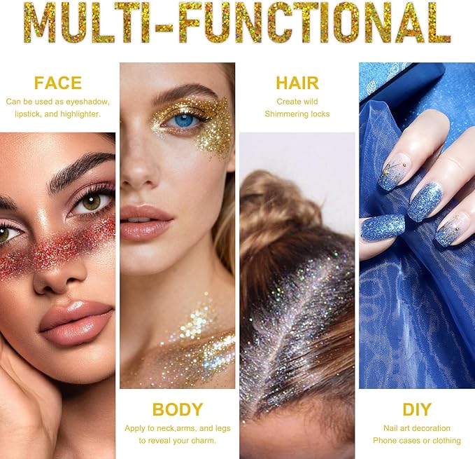 Roll-on Holographic Body Glitter Gel for Face and Hair, Chameleon Color Changing Glitter Gel Under Light, Chunky Mermaid Sequins Shimmer Makeup for Halloween Party Rave Accessories (Gold)
