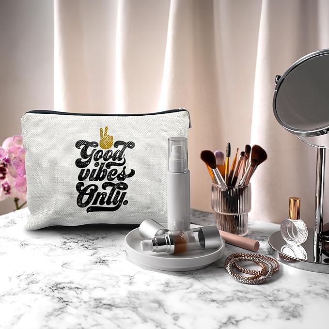 Nogrit Retro 70s Groovy Makeup Cosmetic Bag,Groovy Good Vibes Only Peace Hand Sign Makeup Travel Toiletry Bag,Inspirational Gifts for Women Girls