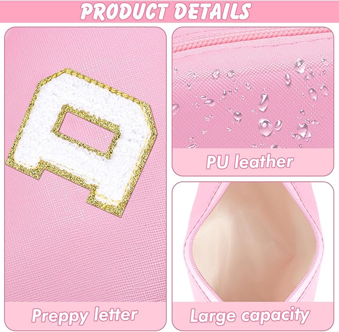 URSKYTOUS Initial Makeup Bag Personalized Preppy Travel Small PU Cosmetic Bag Pink Makeup Pouch Zipper Toiletry Organizer for Women Girls Mom Friend Bridesmaid Teacher Sister Prom Christmas Gift（D）