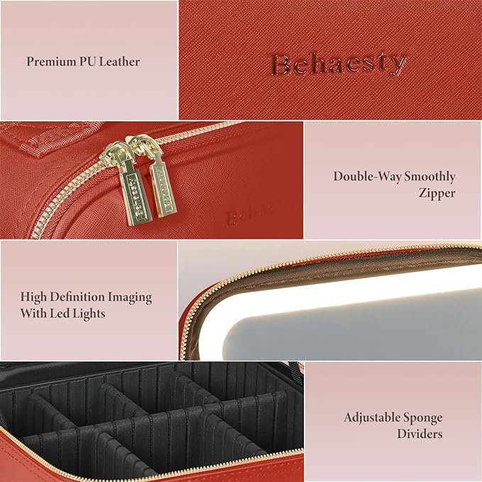 Behaesty Travel Makeup Bag with LED Lighted Mirror, Cosmetic Makeup Organizer Bag with 3 Color Setting, Makeup Train Case with Adjustable Dividers for Women Makeup Brushes Jewelry Accessories