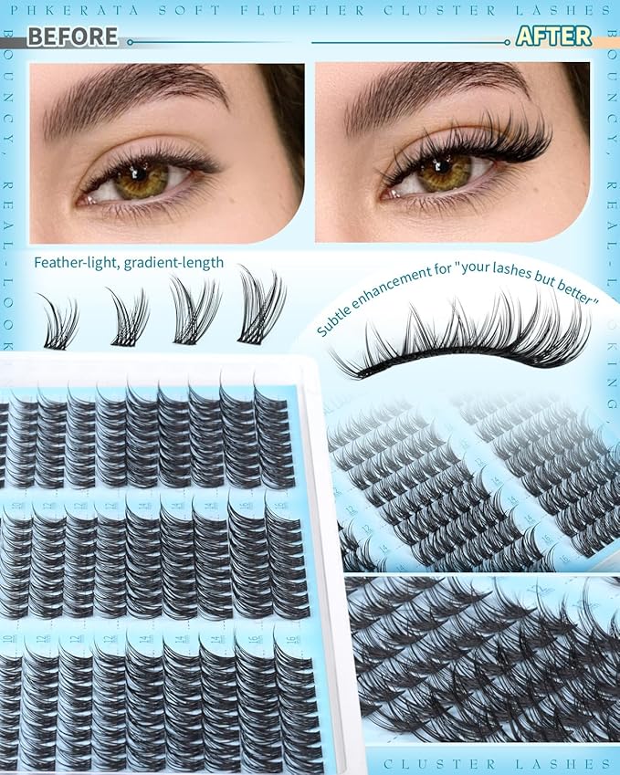 Eyelash Clusters Natural Lash Clusters Eyelash Extensions 240Pcs Wispy Cluster Lashes 10-16mm Lash Extension DIY Soft C Curly Individual Lashes with Thin Lash Band