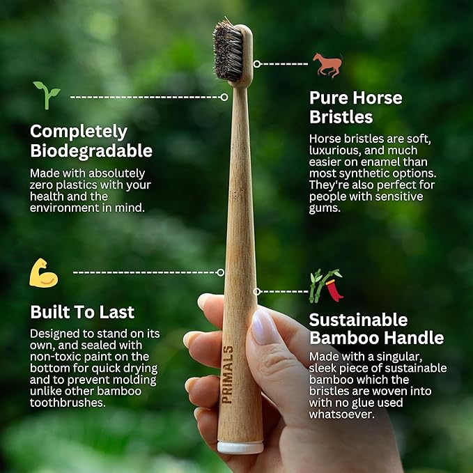 PRIMALS Horse Bristle & Bamboo Toothbrush (4-Pack) - Luxurious & Soft Horse Bristles - Fully Biodegradable - Plastic & Nylon Free - Quick Dry Design