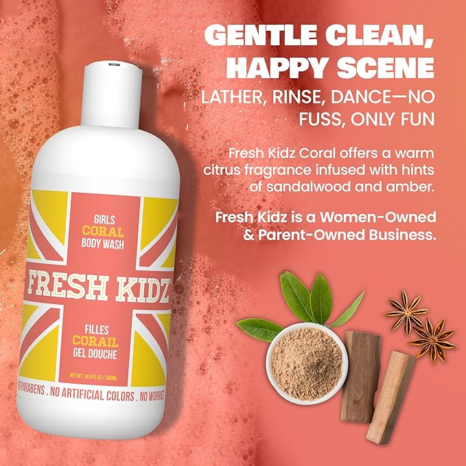 Fresh Kidz Body Wash for Kids and Teens - Gentle Bath and Shower Cleanser for All Skin Types - Girls "Coral", 16.9 Fl.Oz.
